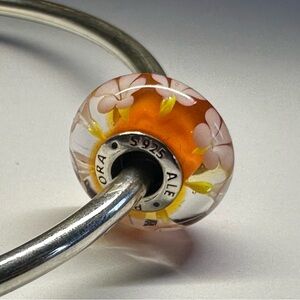 (1C) Pandora Orange Tropical Flower Murano Glass Bead Rare & Retired #791624
